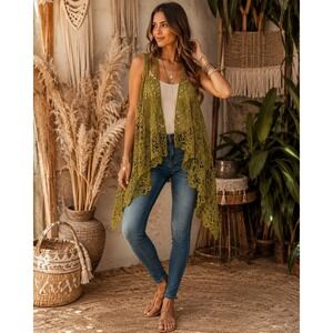 Crochet Lace Vest Womens One Size Green Open Front Boho Kimono Festival